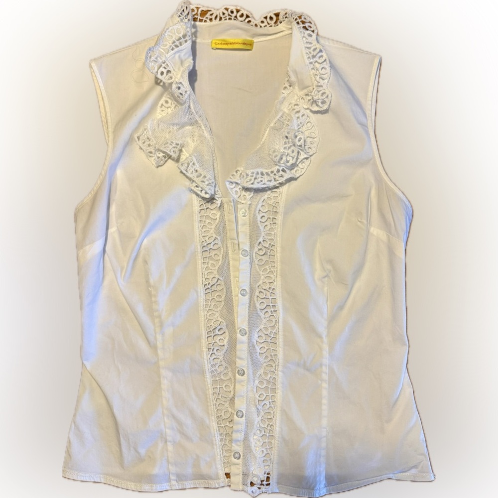 Sleeveless White Lace Button Down Top